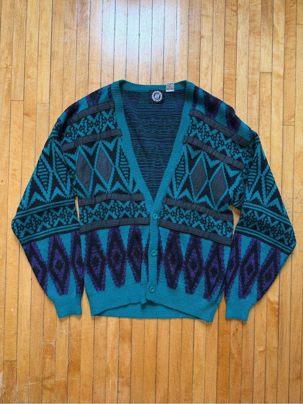 Vintage 80/90s Acrylic Teal/Purple Aztec Pattern V-Neck Grandpa Sweater Sz. XL